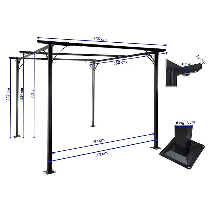 Berlinlodge Raffpavillon mit Schiebedach - B x T: 350 x 350 cm, Farbe Dach: Grau - Schwarze Metallpergola mit 350x350 cm Grundfläche und allen relevanten Maßen.