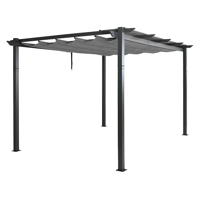Berlinlodge Raffpavillon 4x3m mit Schiebedach - B x T: 400 x 300 cm, Farbe Dach: Grau - Dunkelgraue Metallpergola mit ausziehbarer hellgrauer Stoffmarkise für den Außenbereich.