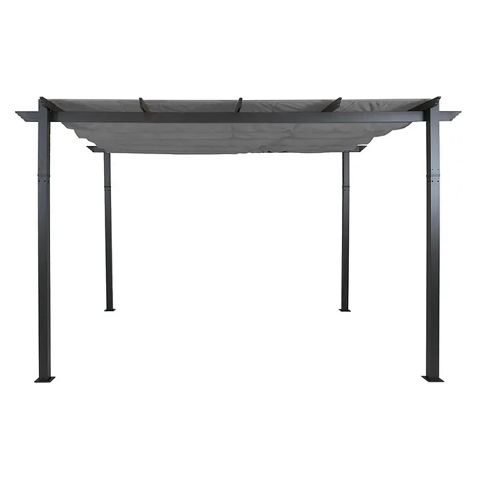 Berlinlodge Raffpavillon 4x3m mit Schiebedach - B x T: 400 x 300 cm, Farbe Dach: Grau - Dunkelgraue Metallpergola mit hellgrauem, ausziehbarem Stoffdach, spendet Schatten.