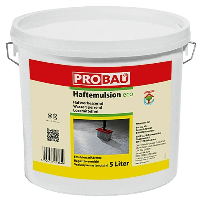 Probau eco Haftgrund5 l, Materialeignung: Zement - Eimer ProBAU Haftemulsion eco, ein hochwertiges Produkt zur Verbesserung der Haftung und Wassersperrung.