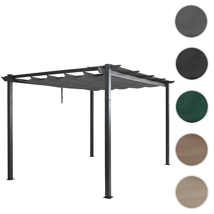 Berlinlodge Raffpavillon 4x3m mit Schiebedach - B x T: 400 x 300 cm, Farbe Dach: Taupe - Schwarze Metall-Pergola mit ausziehbarer grauer Stoffbespannung. Farbtafeln für weitere Überdachungsoptionen sind sichtbar.