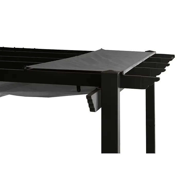 Berlinlodge Raffpavillon 4x3m mit Schiebedach - B x T: 400 x 300 cm, Farbe Dach: Grau - Ecke einer dunkelbraunen Pergola mit teilweise eingefahrenem grauen Stoffdach.