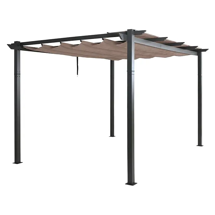 Berlinlodge Raffpavillon 4x3m mit Schiebedach - B x T: 400 x 300 cm, Farbe Dach: Taupe - Dunkelgraue Metallpergola mit beigefarbenem, einziehbarem Stoffdach.