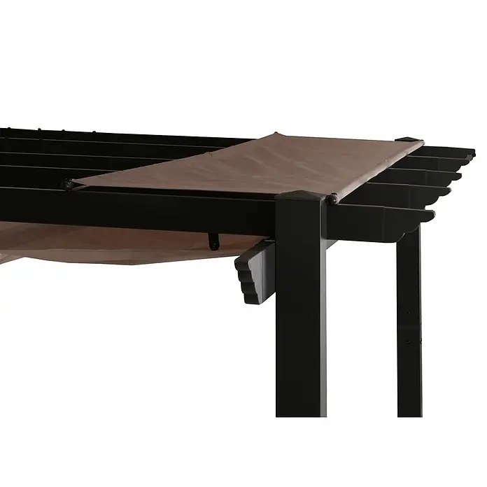 Berlinlodge Raffpavillon 4x3m mit Schiebedach - B x T: 400 x 300 cm, Farbe Dach: Taupe - Dunkelbraune Pergola mit beigefarbenem, ausziehbarem Stoffdach für variablen Schatten.