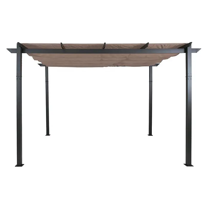 Berlinlodge Raffpavillon 4x3m mit Schiebedach - B x T: 400 x 300 cm, Farbe Dach: Taupe - Dunkelgraue Metall-Pergola mit hellbraunem, ausziehbarem Stoffdach für den Außenbereich.