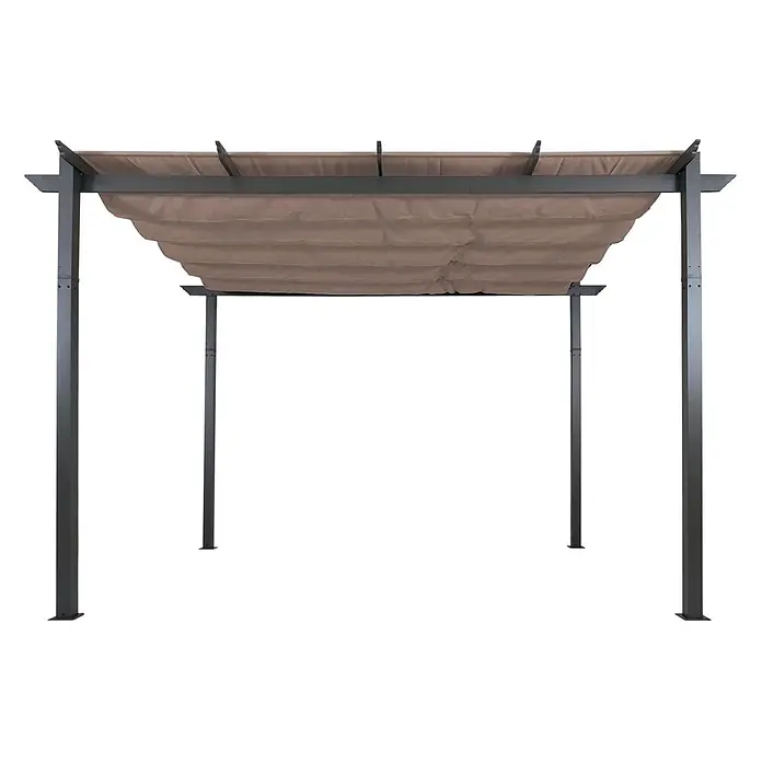 Berlinlodge Raffpavillon 4x3m mit Schiebedach - B x T: 400 x 300 cm, Farbe Dach: Taupe - Rechteckige dunkelgraue Metallpergola mit beigefarbenem, ausziehbarem Stoffdach.
