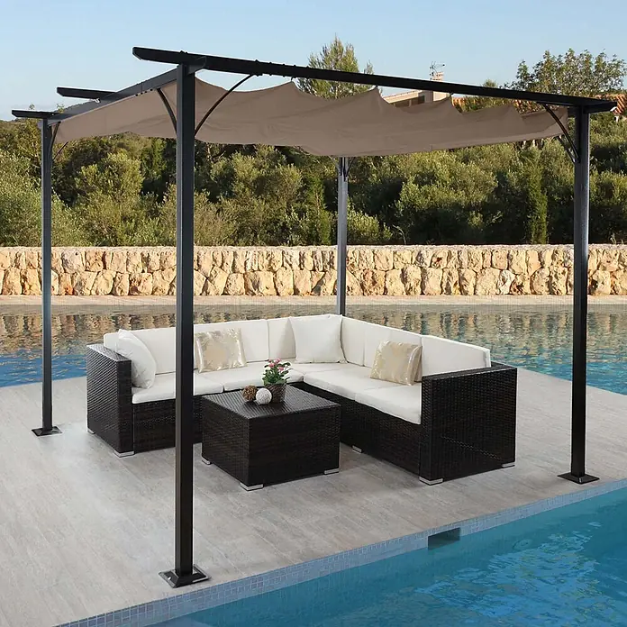 Berlinlodge Raffpavillon mit Schiebedach - B x T: 300 x 300 cm, Farbe Dach: Taupe-Braun