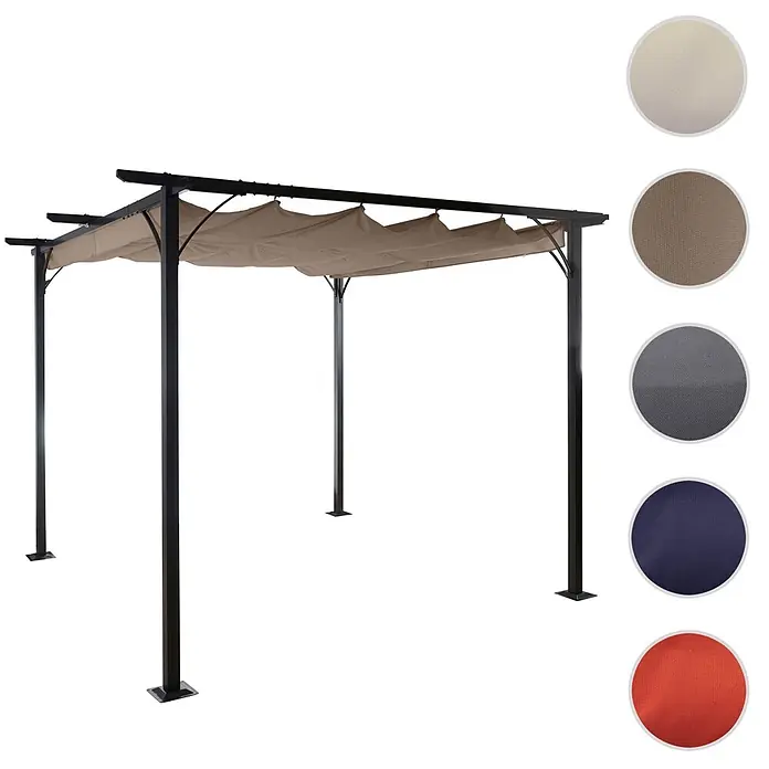 Pergola | HxBxT 232x350x350cm | Garten Pavillon | Taupe-Braun | stabiles 6cm-Gestell + Schiebedach -  - Metall-Pergola mit beigem, ausziehbarem Sonnendach.