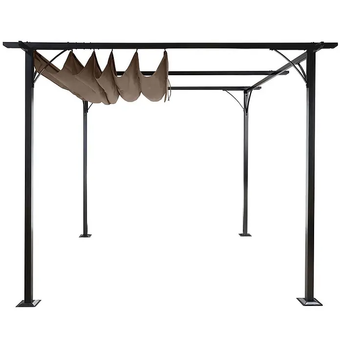 Pergola | HxBxT 232x350x350cm | Garten Pavillon | Taupe-Braun | stabiles 6cm-Gestell + Schiebedach -  - Schwarze Metallpergola mit einziehbarer brauner Stoffüberdachung.