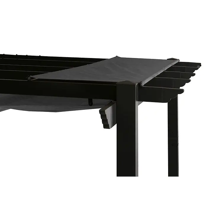 Berlinlodge Raffpavillon 4x3m mit Schiebedach - B x T: 400 x 300 cm, Farbe Dach: Anthrazit - Dunkelbraune Metall-Pergola-Ecke mit zurückgezogenem dunkelgrauen Stoffdach.