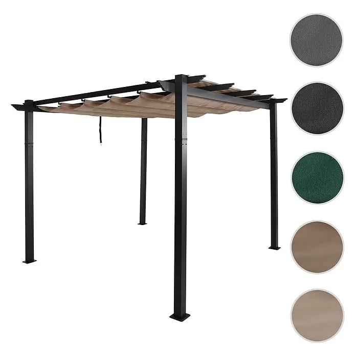 Aluminium Pergola | stabiles 8cm-Gestell | Schiebedach | UV50+ | BxT 3x3m | Creme-Beige | Gartenpavillon Pavillon Garten -  - Dunkle Metallpergola mit beigefarbenem ausziehbarem Stoffdach und verschiedenen Stofffarbmustern.