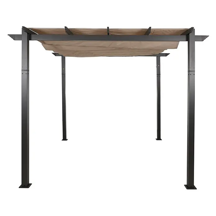Aluminium Pergola | stabiles 8cm-Gestell | Schiebedach | UV50+ | BxT 3x3m | Creme-Beige | Gartenpavillon Pavillon Garten -  - Eine dunkelgraue Metallpergola mit einem einziehbaren beigen Stoffdach als Sonnenschutz.