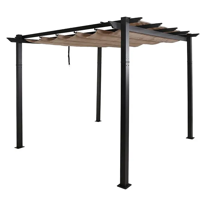 Aluminium Pergola | stabiles 8cm-Gestell | Schiebedach | UV50+ | BxT 3x3m | Creme-Beige | Gartenpavillon Pavillon Garten -  - Schwarze Metall-Pergola mit einziehbarem beigefarbenem Stoffdach.