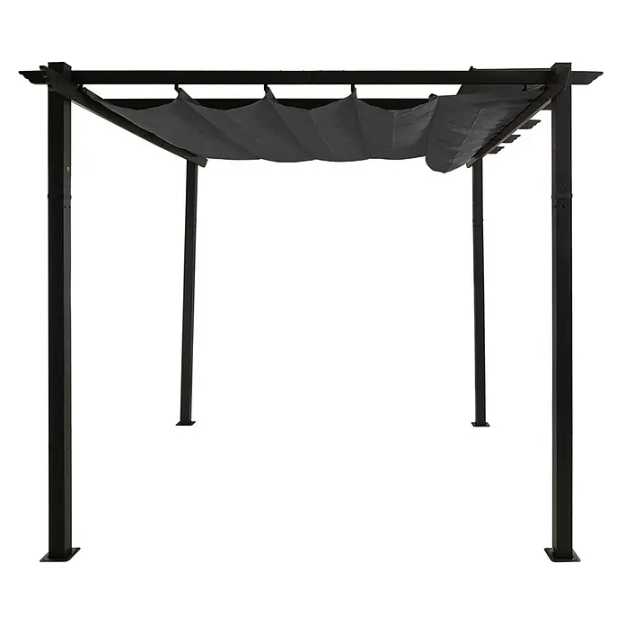 Berlinlodge Raffpavillon 4x3m mit Schiebedach - B x T: 400 x 300 cm, Farbe Dach: Anthrazit - Schwarze Metall-Pergola mit verstellbarem grauem Stoffdach.
