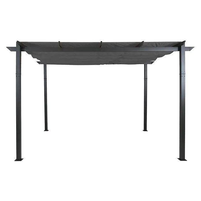 Berlinlodge Raffpavillon 4x3m mit Schiebedach - B x T: 400 x 300 cm, Farbe Dach: Anthrazit - Dunkelgraue Metall-Pergola mit ausziehbarer Stoffüberdachung.