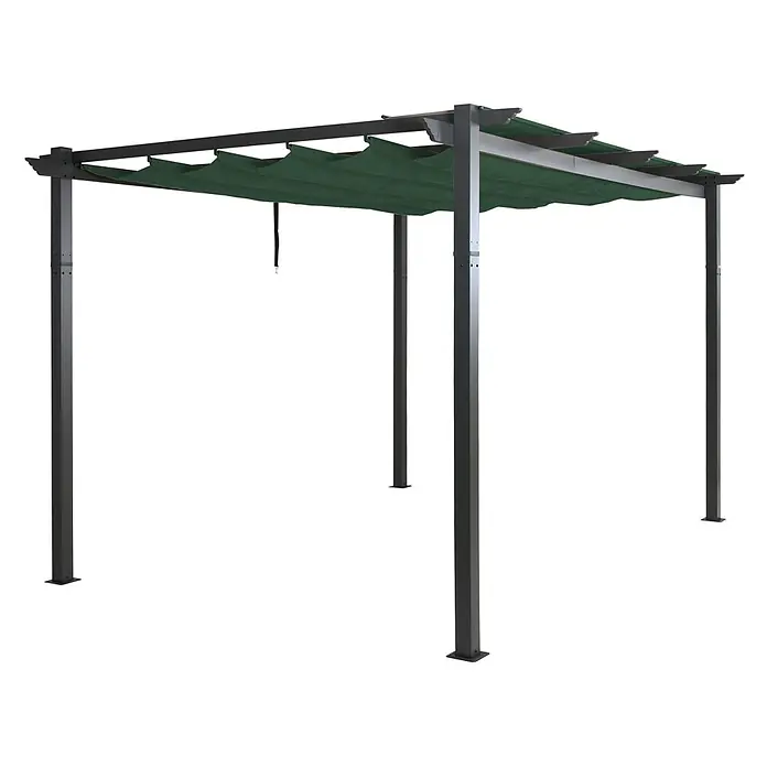 Berlinlodge Raffpavillon 4x3m mit Schiebedach - B x T: 400 x 300 cm, Farbe Dach: Grün - Dunkelgraue Metallpergola mit ausziehbarer grüner Stoffplane für den Außenbereich.