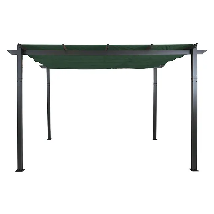 Berlinlodge Raffpavillon 4x3m mit Schiebedach - B x T: 400 x 300 cm, Farbe Dach: Grün - Dunkelgraue Metallpergola mit dunkelgrünem ausziehbarem Dach.