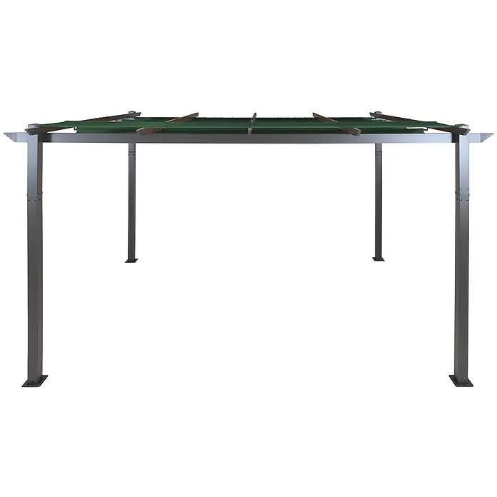 Berlinlodge Raffpavillon 4x3m mit Schiebedach - B x T: 400 x 300 cm, Farbe Dach: Grün - Metallpergola mit dunkelgrauem Rahmen und grünem, einziehbarem Stoffdach.