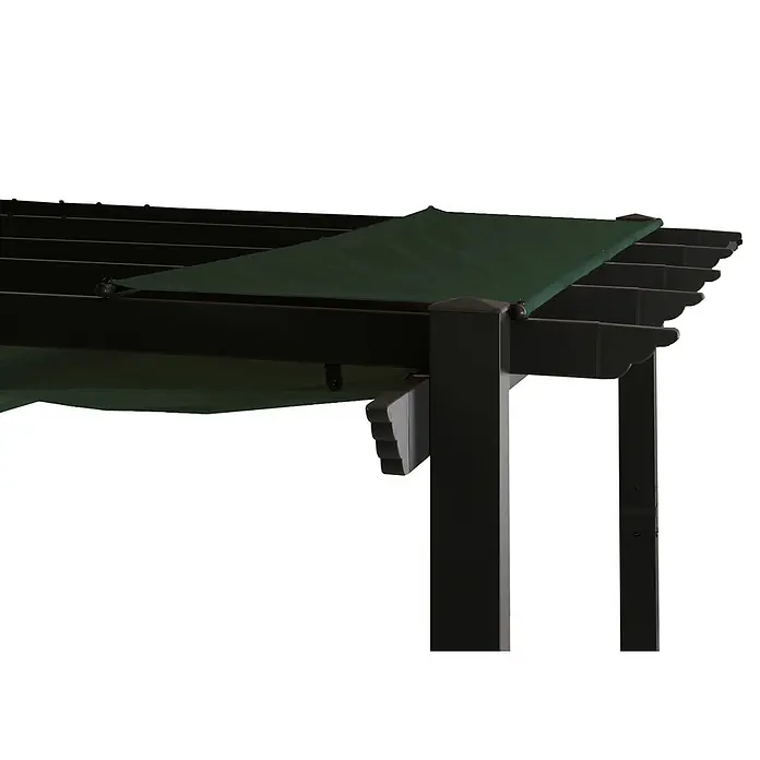 Berlinlodge Raffpavillon 4x3m mit Schiebedach - B x T: 400 x 300 cm, Farbe Dach: Grün - Dunkle Pergola mit teilweisem grünem ausziehbarem Sonnenschutz.