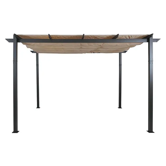 Berlinlodge Raffpavillon 4x3m mit Schiebedach - B x T: 400 x 300 cm, Farbe Dach: Creme-Beige - Dunkelgraue Metallpergola mit beigefarbenem, ausziehbarem Stoffdach. Spendet Schatten im Außenbereich.