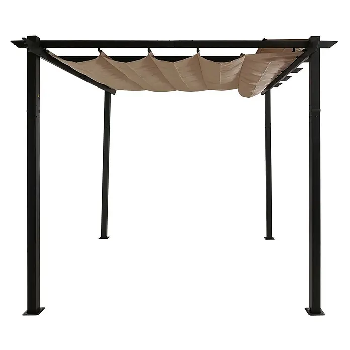 Berlinlodge Raffpavillon 4x3m mit Schiebedach - B x T: 400 x 300 cm, Farbe Dach: Creme-Beige - Schwarze Metallpergola mit ausziehbarer beiger Markise für verstellbaren Schatten.
