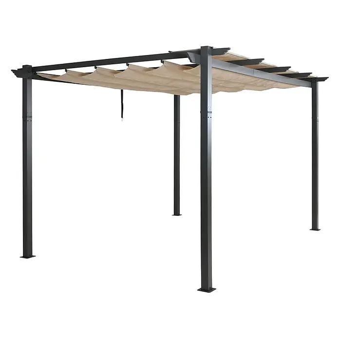 Berlinlodge Raffpavillon 4x3m mit Schiebedach - B x T: 400 x 300 cm, Farbe Dach: Creme-Beige - Dunkelgraue Metallpergola mit beigem, ausziehbarem Stoffdach, die verstellbaren Sonnenschutz bietet.