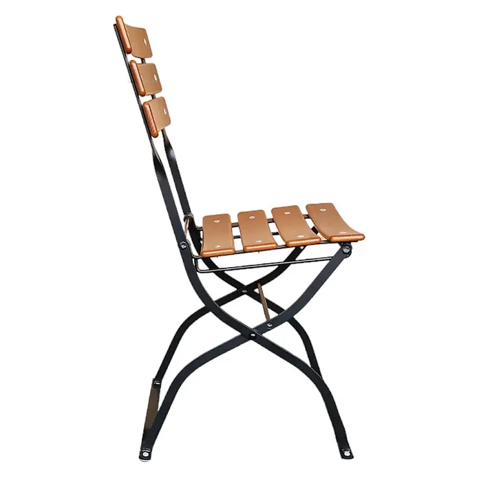 CHEFGASTRO Biergartenstuhl BERGWIESE Made in Germany 1-Sitzer HxBxT 89x40x35cm wetterfest & UV-beständig Eschenholz Schwarz/Braun -  - Klappstuhl mit schwarzem Metallgestell und braunen Holzlatten.