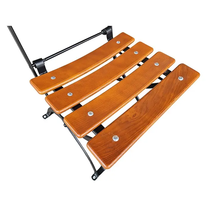 CHEFGASTRO Biergartenstuhl BERGWIESE Made in Germany 1-Sitzer HxBxT 89x40x35cm wetterfest & UV-beständig Eschenholz Schwarz/Braun -  - Vier warme, braune Holzlatten auf einem schwarzen Metallrahmen eines Klappstuhls oder einer Bank.