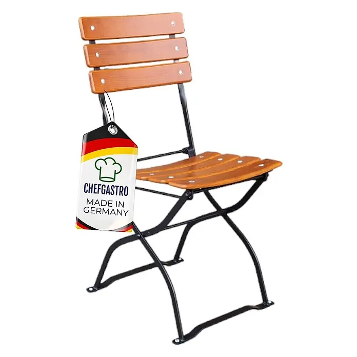 CHEFGASTRO Biergartenstuhl BERGWIESE Made in Germany 1-Sitzer HxBxT 89x40x35cm wetterfest & UV-beständig Eschenholz Schwarz/Braun -  - Brauner Holzklappstuhl mit schwarzem Metallrahmen und 'CHEFGASTRO Made in Germany' Etikett.