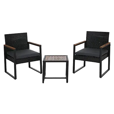 Poly-Rattan Garnitur | Lounge-Set Garten 2x Stuhl Tisch | Akazie Holz Stoff 180g/m2 | Schwarz | Polster Grau