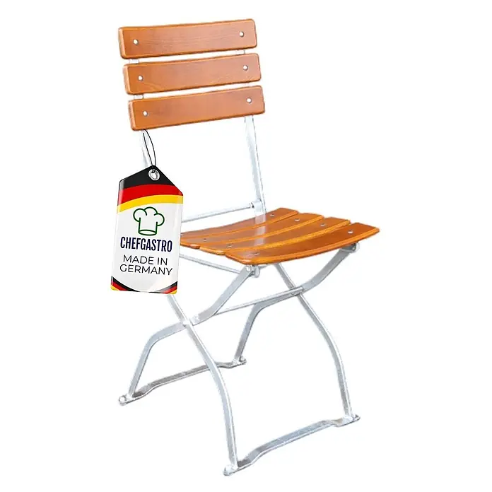 CHEFGASTRO Biergartenstuhl BERGWIESE Made in Germany 1-Sitzer HxBxT 89x40x35cm wetterfest & UV-beständig Eschenholz Silber/Braun -  - Klappbarer Bistrostuhl mit Holzlatten und silberfarbenem Metallgestell, mit 'Made in Germany' Etikett.