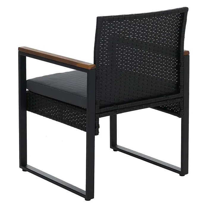 Mendler Loungemöbel-Set HWC-P74 - 3 -tlg., Polyrattan, Schwarz, Polster grau, Schwarz, grau - Schwarzer Outdoor-Sessel aus Geflecht mit schwarzem Metallrahmen, Holzarmlehnen und grauem Kissen.