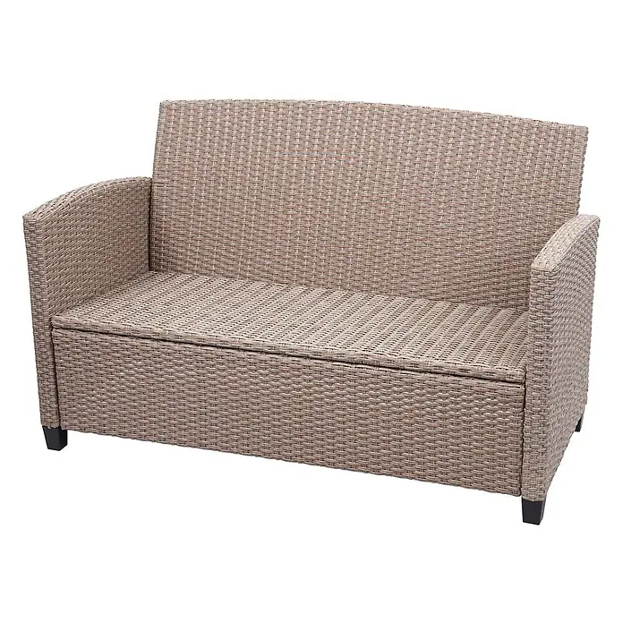 Mendler Loungemöbel-Set HWC-F10 - 4 -tlg., Polyrattan, Grau-braun, Grau, braun - Hellbraune gewebte Outdoor-Sitzbank mit Stauraum und Armlehnen.
