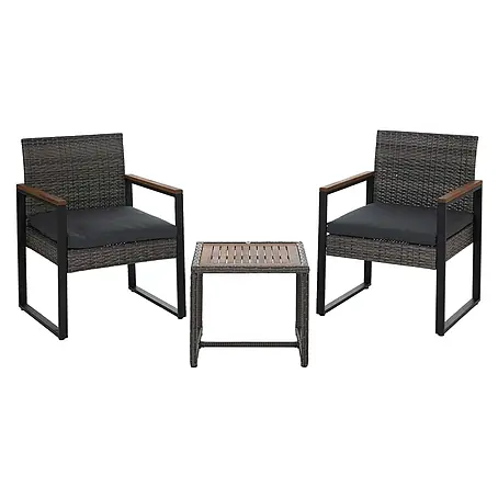 Poly-Rattan Garnitur | Lounge-Set Garten 2x Stuhl Tisch | Akazie Holz Stoff 180g/m2 | Grau | Polster Grau