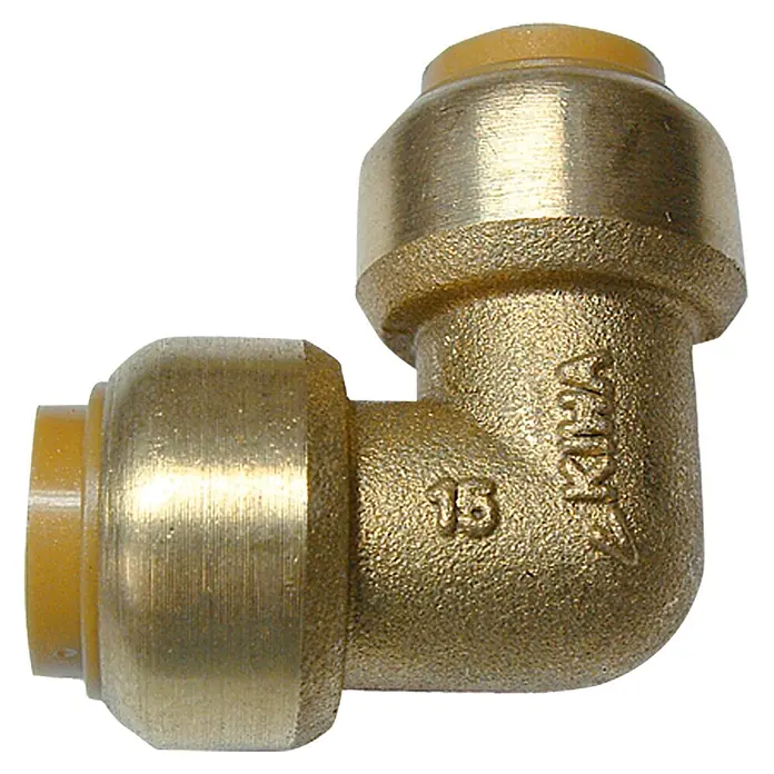 Steckwinkel II - Durchmesser: 22 mm, 90 °, Messing - Ein Messing-Winkelverbinder mit gelben Einsätzen für Rohre, ein zuverlässiges Verbindungselement für Sanitärinstallationen und Heizungssysteme.
