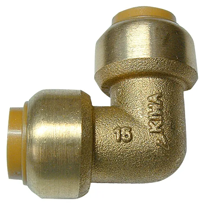 Steckwinkel II - Durchmesser: 15 mm, 90 °, Messing - Ein Messing-Winkelverbinder mit gelben Einsätzen für Rohre, ein zuverlässiges Verbindungselement für Sanitärinstallationen und Heizungssysteme.