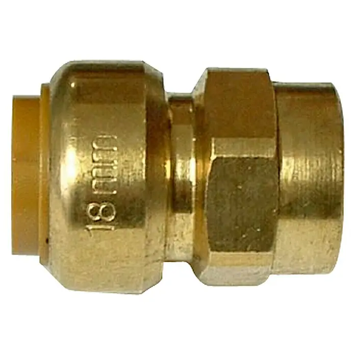 Steck-Übergangsmuffe II - Durchmesser: 15 mm, ½″, Muffe und Innengewinde - Messingfarbenes Rohrverbindungsstück mit der Aufschrift "18 mm" für Sanitäranwendungen.