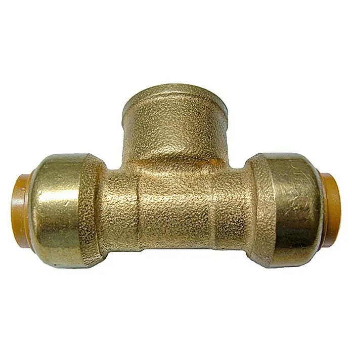 Steck-Übergangs-T-StückDurchmesser: 15 mm, ½″, Muffe und Innengewinde - Messing T-Stück Verbinder mit Push-Fit Anschlüssen für einfache Installation, ideal für Sanitäranwendungen.