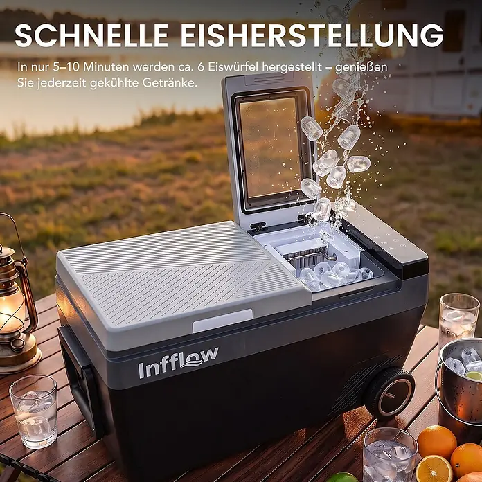 Infflow 45L Kompressor Kühlbox App Steuerung Rollen Camping Auto -  - Tragbarer Infflow Eisbereiter in Schwarz-Grau, der im Freien schnell Eiswürfel für gekühlte Getränke produziert.