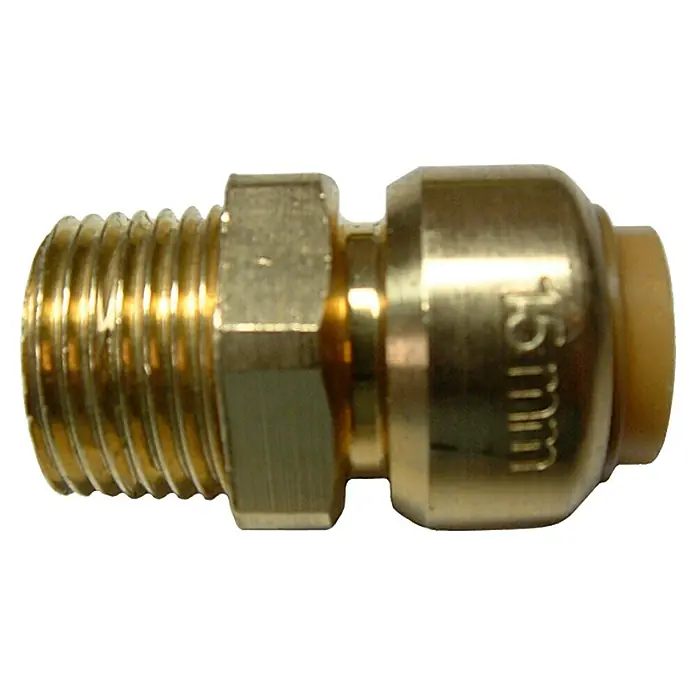 Steck-Übergangsnippel IA - Durchmesser: 18 mm, Außengewinde: ¾″, Messing - Messingverschraubung mit Gewinde und 15mm Push-Fit Anschluss für einfache Installation und sichere Verbindung.