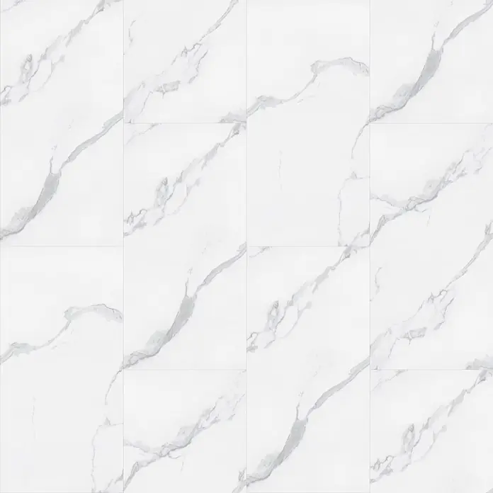Vinylboden Rigid - Elegant Light, Fliese, 1.220 x 610 x 5 mm - Weiße Marmorfliesen mit fließender grauer Äderung.