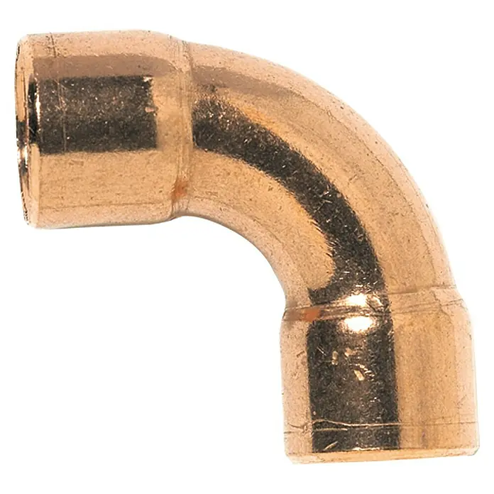 Kupfer-Bogen 5002A - Durchmesser: 18 mm, Winkel: 90 °, 10 Stk. - Nahaufnahme eines Kupferrohrbogens mit 90-Grad-Winkel, glänzender Oberfläche und präziser Verarbeitung für Sanitär- und Heizungsinstallationen.
