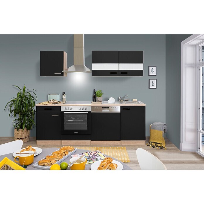 Respekta Küchenzeile KB220ESSC (Breite: 220 cm, Mit Elektrogeräten, Schwarz)