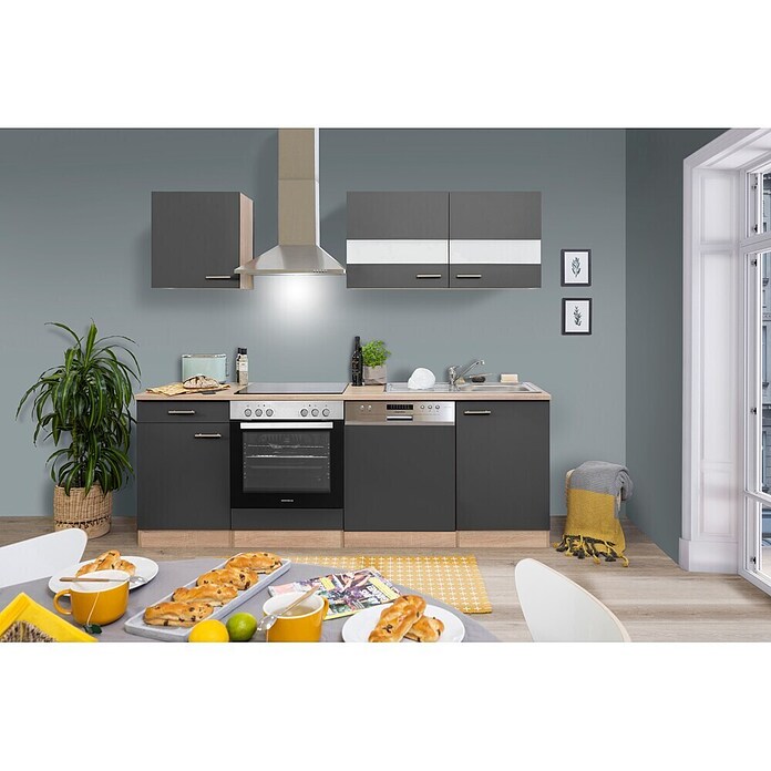 Respekta Küchenzeile KB220ESGC (Breite: 220 cm, Mit Elektrogeräten, Grau)