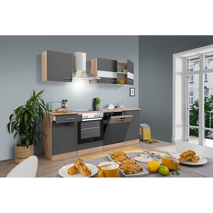 Respekta Küchenzeile KB220ESGC (Breite: 220 cm, Mit Elektrogeräten, Grau)