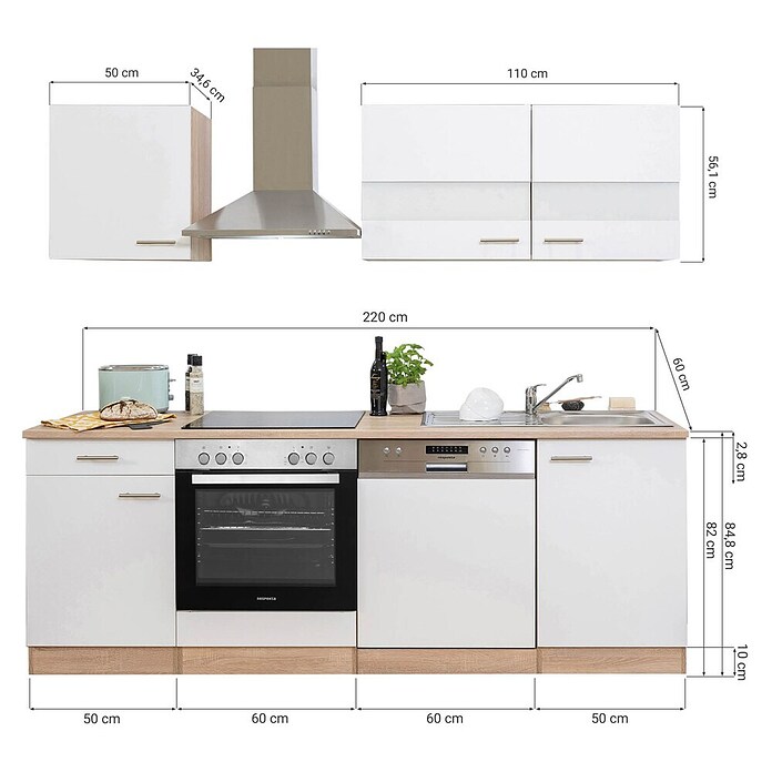 Respekta Küchenzeile KB220ESWC (Breite: 220 cm, Mit Elektrogeräten, Weiß)