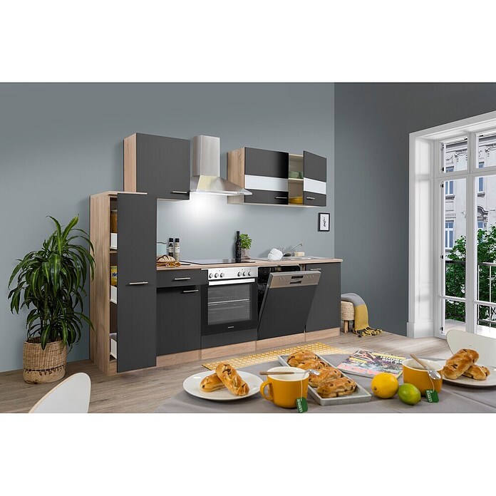 Respekta Küchenzeile KB250ESGC (Breite: 250 cm, Mit Elektrogeräten, Grau)