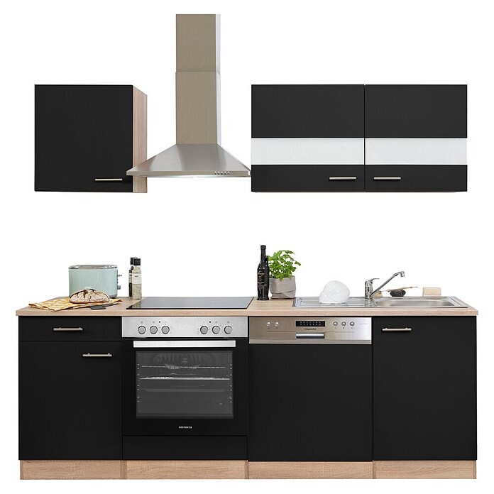 Respekta Küchenzeile KB220ESSC (Breite: 220 cm, Mit Elektrogeräten, Schwarz)