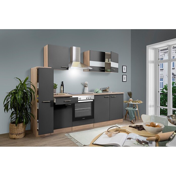 Respekta Küchenzeile KB240ESGC (Breite: 240 cm, Mit Elektrogeräten, Grau)