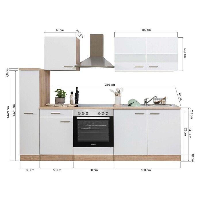 Respekta Küchenzeile KB240ESWC (Breite: 240 cm, Mit Elektrogeräten, Weiß)